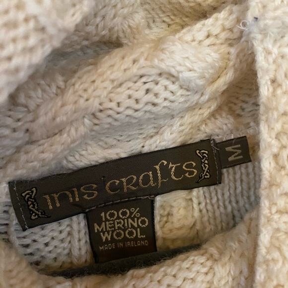 INIS CRAFTS IRELAND 100% merino wool cream turtleneck cableknit sweater medium - Picture 4 of 6